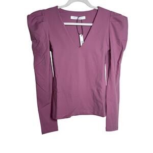 Susana Monaco Pleated V-Neck Long Sleeves Top in Lip Gloss Pink NWT Size Medium